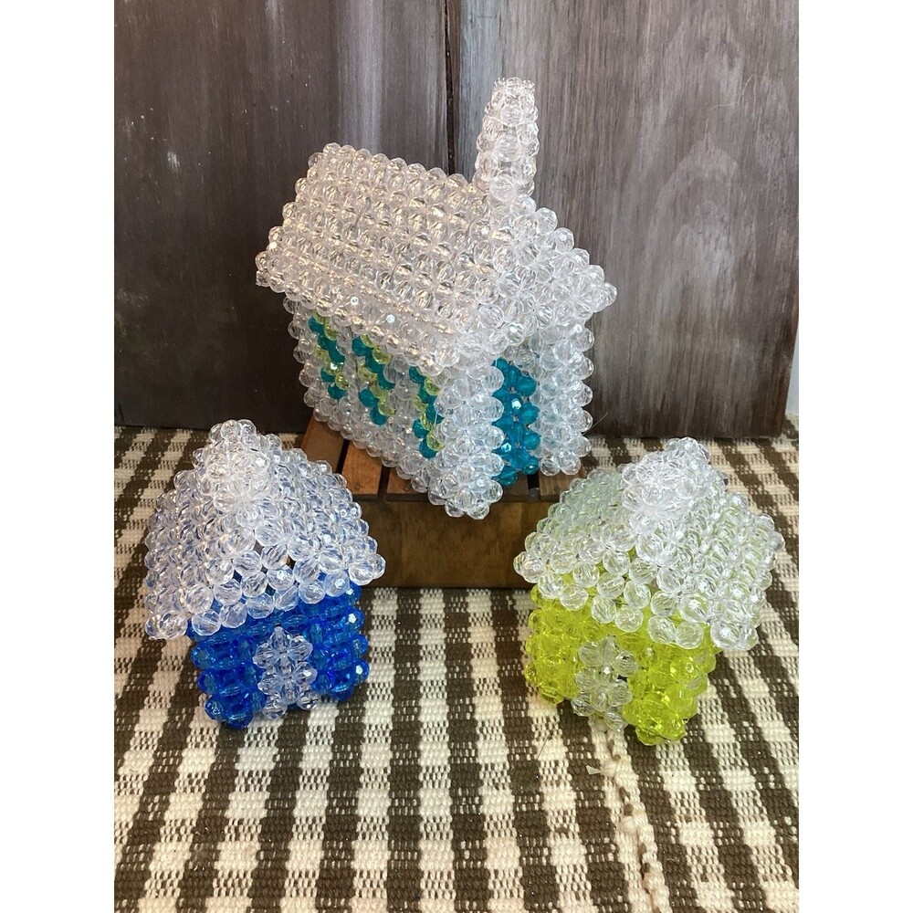 Beaded Christmas Village Houses Church Table Decor Handmade Can Add Lights